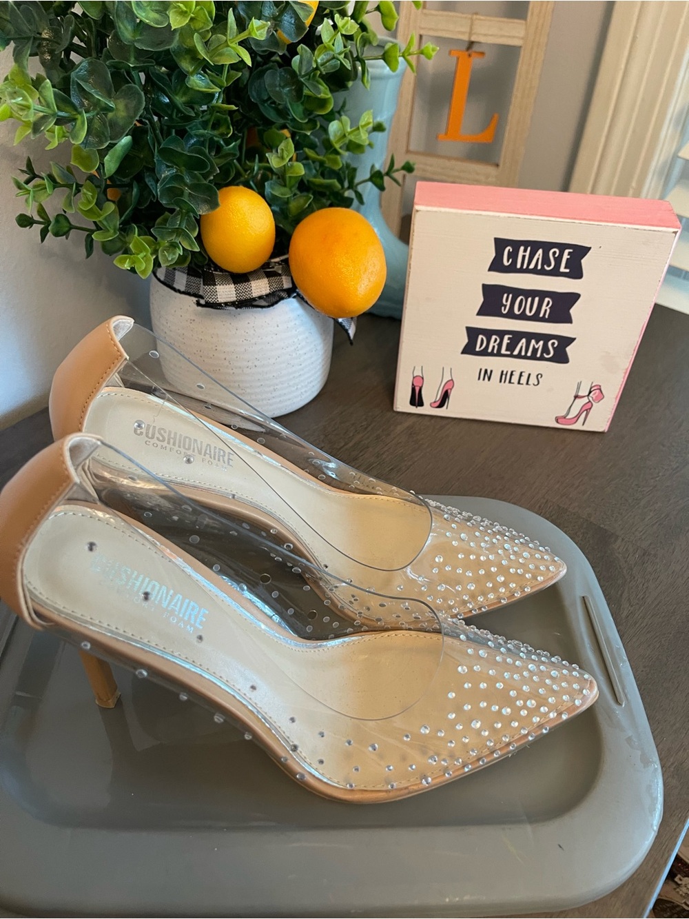 Nude Clear Pointed Toe Rhinestone Pumps